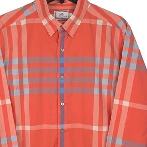 Southern Tide Mens Large Button Up Shirt Pink Coral Blue Plaid Trim Fit Casual